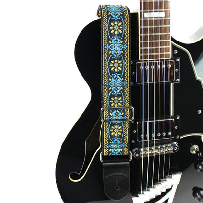 Walker & Williams - H-01-M Vintage Series Blue & Gold Mandala Woven Guitar Strap with Chrome Hardware & Leather Ends