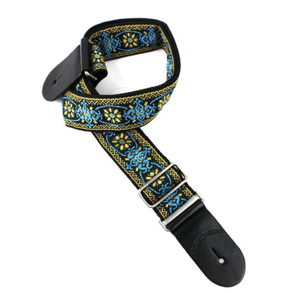 Walker & Williams - H-01-M Vintage Series Blue & Gold Mandala Woven Guitar Strap with Chrome Hardware & Leather Ends