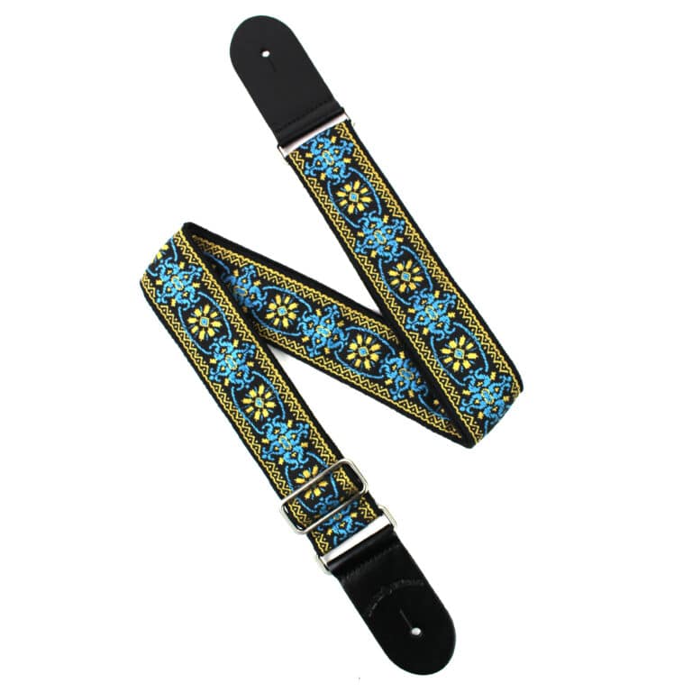 Walker & Williams - H-01-M Vintage Series Blue & Gold Mandala Woven Guitar Strap with Chrome Hardware & Leather Ends