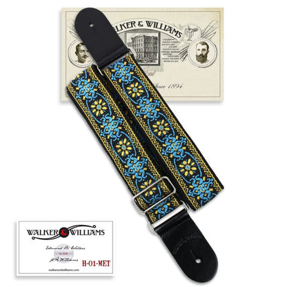 Walker & Williams - H-01-M Vintage Series Blue & Gold Mandala Woven Guitar Strap with Chrome Hardware & Leather Ends