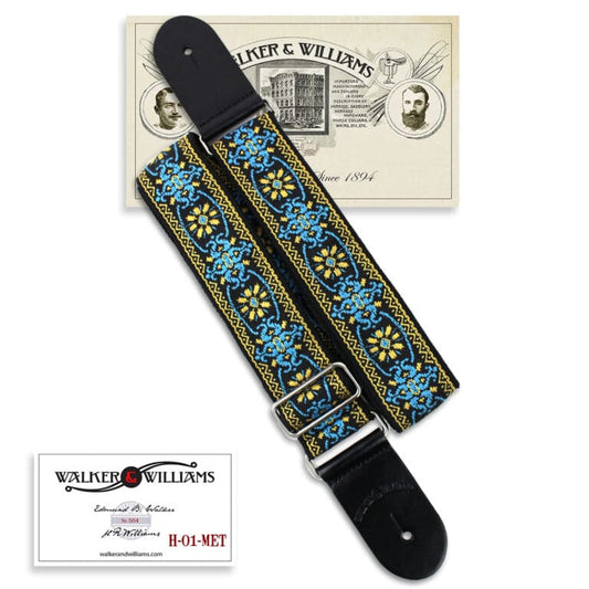 Walker & Williams - H-01-M Vintage Series Blue & Gold Mandala Woven Guitar Strap with Chrome Hardware & Leather Ends