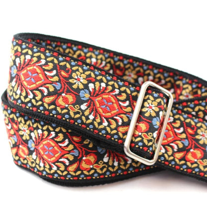 Walker & Williams - H-21-M Vintage Series Red and Black Mandala Woven Hippie Guitar Strap with Chrome Hardware & Leather Ends