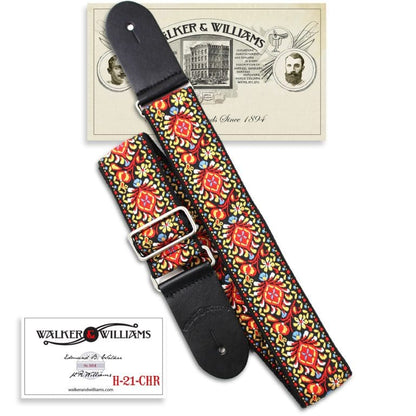 Walker & Williams - H-21-M Vintage Series Red and Black Mandala Woven Hippie Guitar Strap with Chrome Hardware & Leather Ends