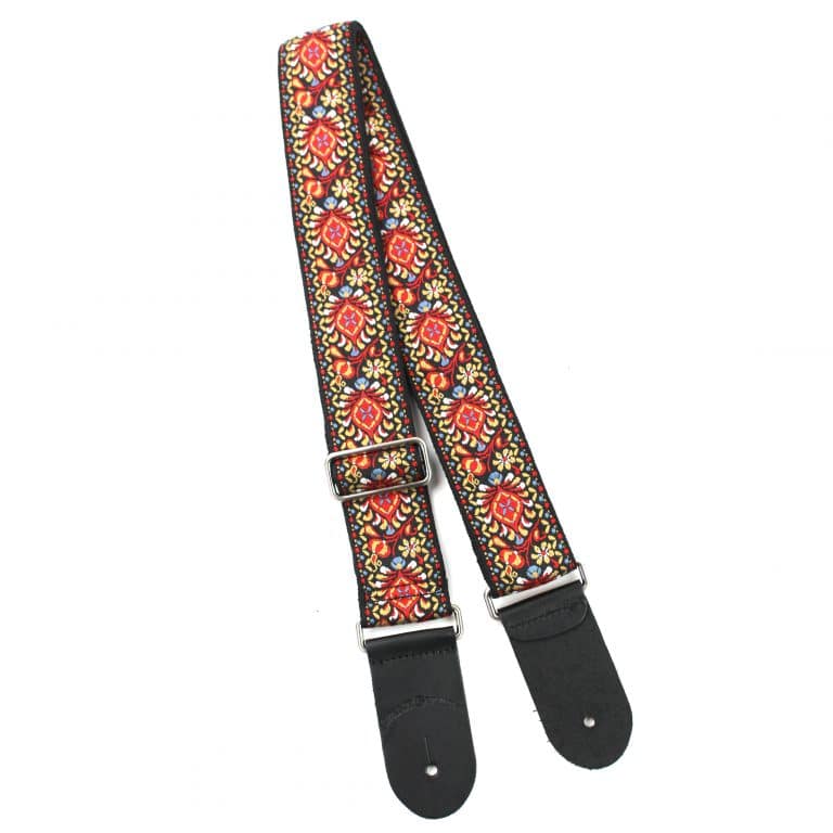 Walker & Williams - H-21-M Vintage Series Red and Black Mandala Woven Hippie Guitar Strap with Chrome Hardware & Leather Ends