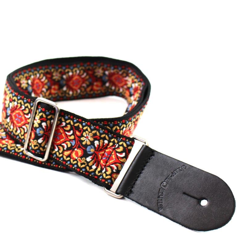 Walker & Williams - H-21-M Vintage Series Red and Black Mandala Woven Hippie Guitar Strap with Chrome Hardware & Leather Ends