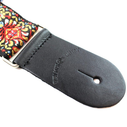 Walker & Williams - H-21-M Vintage Series Red and Black Mandala Woven Hippie Guitar Strap with Chrome Hardware & Leather Ends