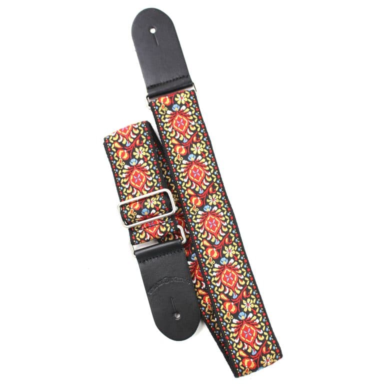 Walker & Williams - H-21-M Vintage Series Red and Black Mandala Woven Hippie Guitar Strap with Chrome Hardware & Leather Ends