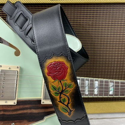 Walker & Williams - CVG-56 Black Leather Guitar Strap With Hand Tooled Red Rose Design