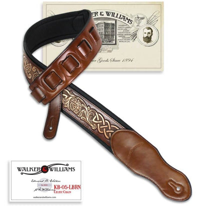 Walker & Williams - KB-05-LBRN Chestnut Brown Full Grain Center Block Carving Leather Padded Strap With Aged White Celtic Chain