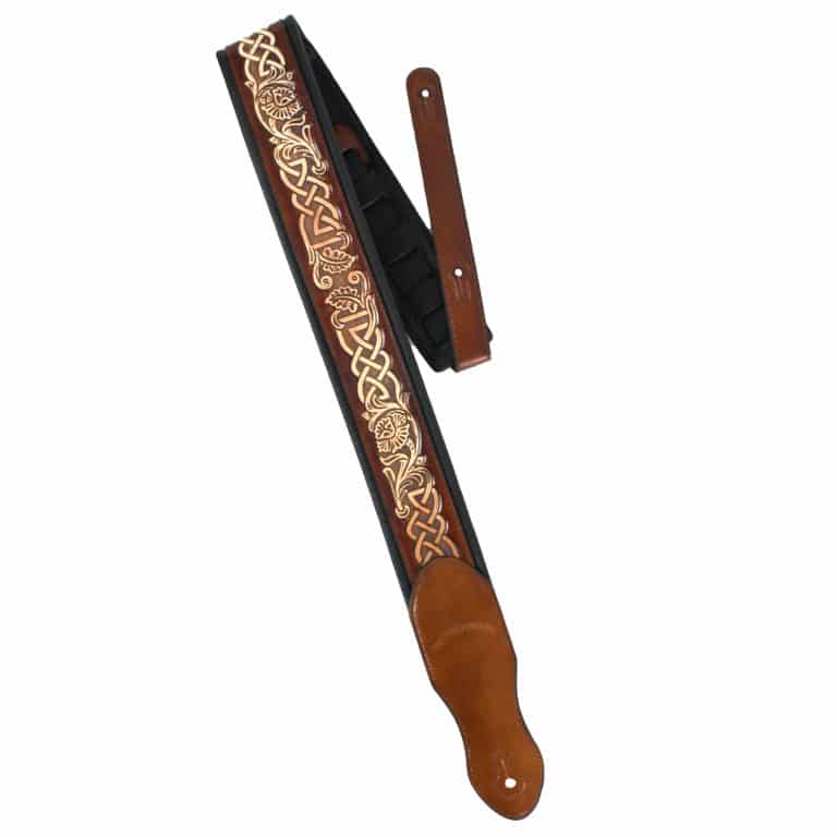 Walker & Williams - KB-05-LBRN Chestnut Brown Full Grain Center Block Carving Leather Padded Strap With Aged White Celtic Chain