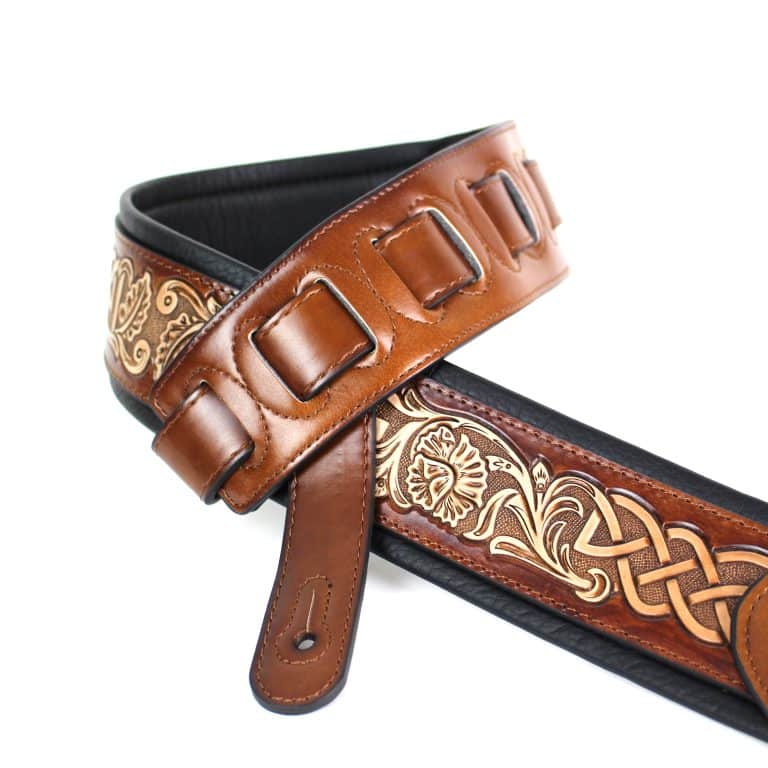 Walker & Williams - KB-05-LBRN Chestnut Brown Full Grain Center Block Carving Leather Padded Strap With Aged White Celtic Chain