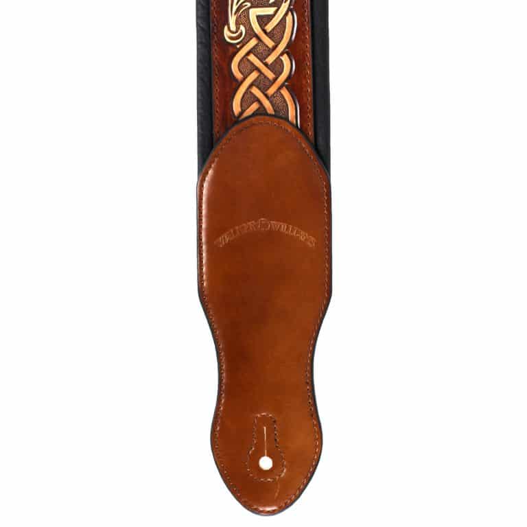 Walker & Williams - KB-05-LBRN Chestnut Brown Full Grain Center Block Carving Leather Padded Strap With Aged White Celtic Chain