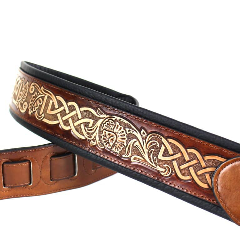 Walker & Williams - KB-05-LBRN Chestnut Brown Full Grain Center Block Carving Leather Padded Strap With Aged White Celtic Chain