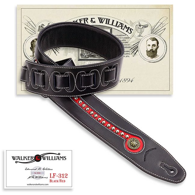 Walker & Williams - LF-312 Black & Red Leather Strap with Chrome and Brass Studs & Top Grain Padded Leather Back