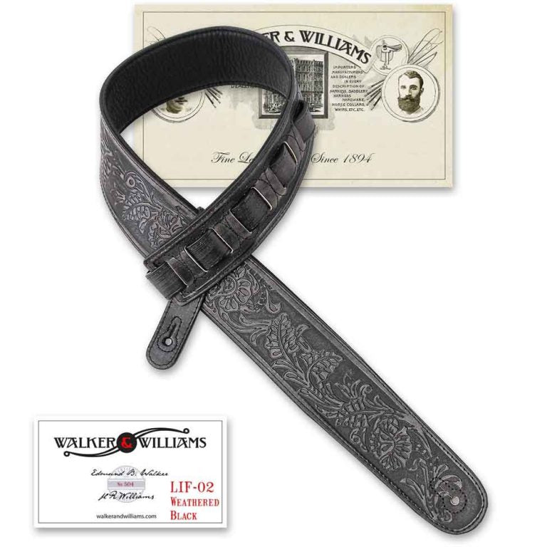 Walker & Williams - LIF-02 “Weathered” Black Leather Padded Strap with All Over Tooling