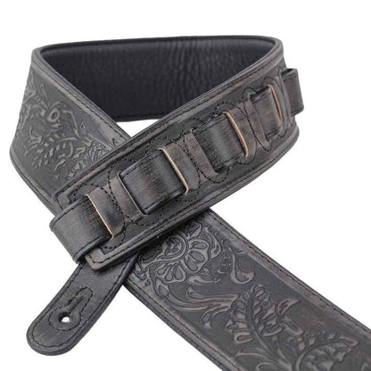 Walker & Williams - LIF-02 “Weathered” Black Leather Padded Strap with All Over Tooling