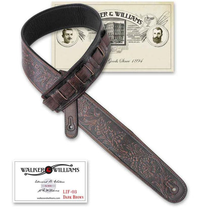 Walker & Williams - LIF-03 Weathered Dark Brown Padded Leather Strap with Traditional Live Oak Tooling