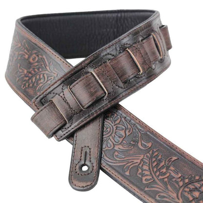 Walker & Williams - LIF-03 Weathered Dark Brown Padded Leather Strap with Traditional Live Oak Tooling