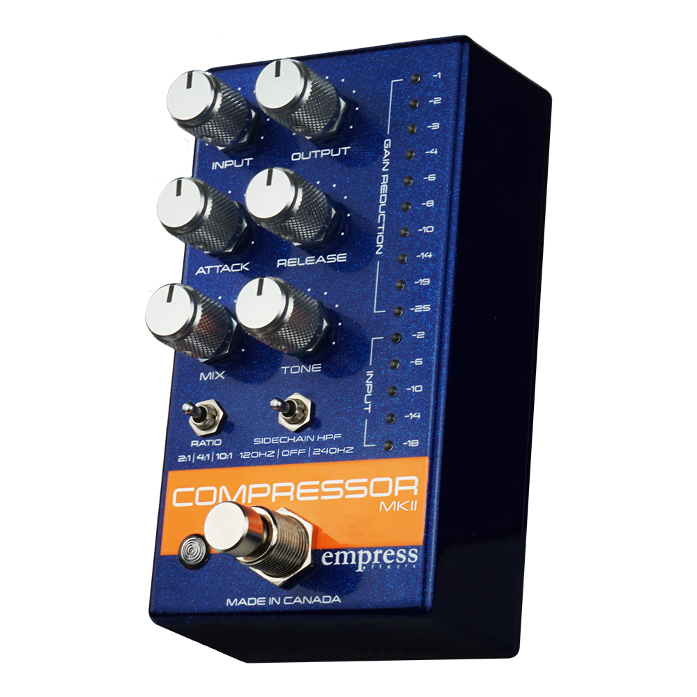  EMPRESS EFFECTS COMPRESSOR MK II BLUE SPARKLE AND SILVER SPARKLE BLUE FRONT AND RIGHT SIDE VIEW ON TRANSPARENT BACKGROUND