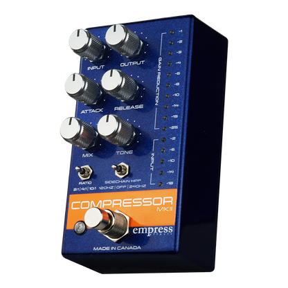  EMPRESS EFFECTS COMPRESSOR MK II BLUE SPARKLE AND SILVER SPARKLE BLUE FRONT AND RIGHT SIDE VIEW ON TRANSPARENT BACKGROUND