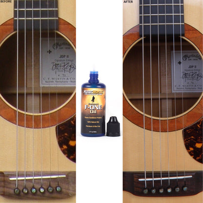  MUSIC NOMAD MN105 FRETBOARD OIL CLEANER AND CONDITIONER F-ONE OIL BOTTLE OPEN WITH CAP AND TWO ACOUSTIC GUITARS ON WHITE BACKGROUND