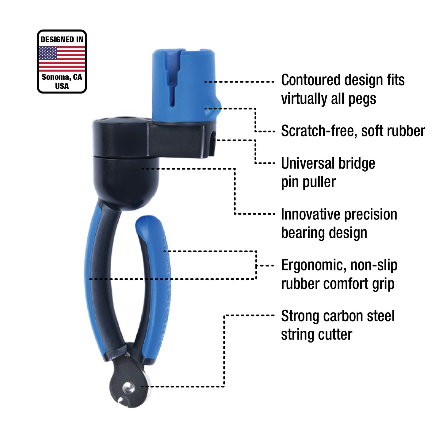  MUSIC NOMAD MN223 GRIP ONE STRING WINDER BRIDGE PIN PULLER DETAIL OF FEATURES DESIGNED IN SONOMA, CA LOGO ON WHITE BACKGROUND