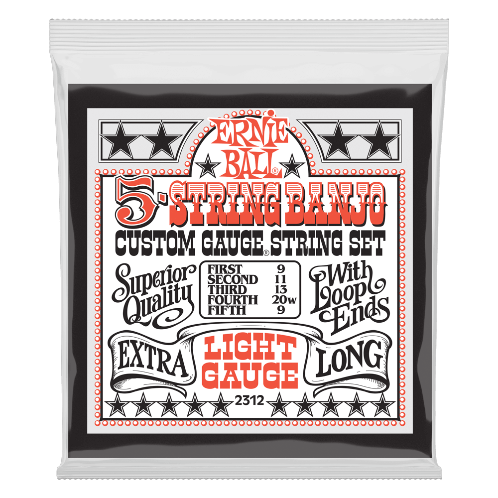 ERNIE BALL 5 STRING BANJO CUSTOM GAUGE STRINGS LIGHT GAUGE EXTRA LONG 2312 PACKAGE FRONT VIEW ON TRANSPARENT BACKGROUND