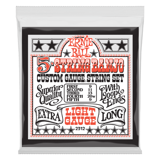 ERNIE BALL 5 STRING BANJO CUSTOM GAUGE STRINGS LIGHT GAUGE EXTRA LONG 2312 PACKAGE FRONT VIEW ON TRANSPARENT BACKGROUND