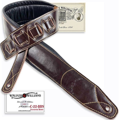 Walker & Williams - C-22-BRN Handmade Premium Brown Signature Grain Leather Extra Wide Double Padded Guitar Strap