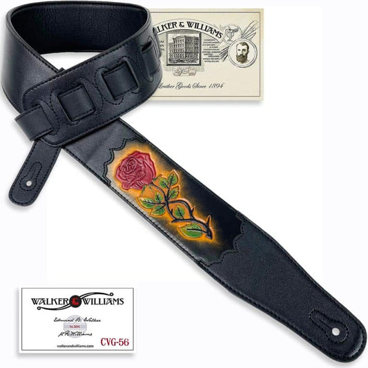 Walker & Williams - CVG-56 Black Leather Guitar Strap With Hand Tooled Red Rose Design