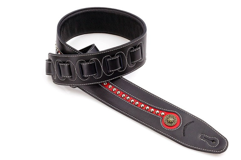 Walker & Williams - LF-312 Black & Red Leather Strap with Chrome and Brass Studs & Top Grain Padded Leather Back