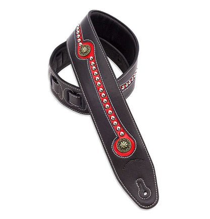 Walker & Williams - LF-312 Black & Red Leather Strap with Chrome and Brass Studs & Top Grain Padded Leather Back