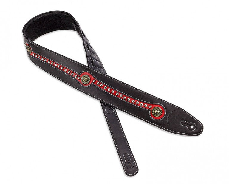 Walker & Williams - LF-312 Black & Red Leather Strap with Chrome and Brass Studs & Top Grain Padded Leather Back