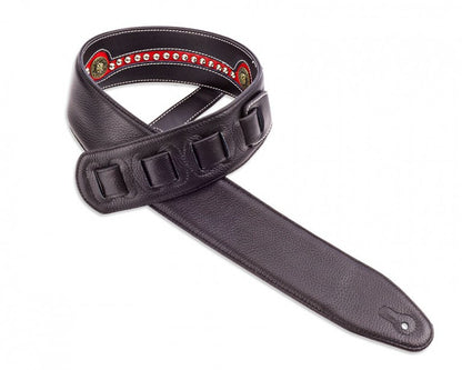 Walker & Williams - LF-312 Black & Red Leather Strap with Chrome and Brass Studs & Top Grain Padded Leather Back