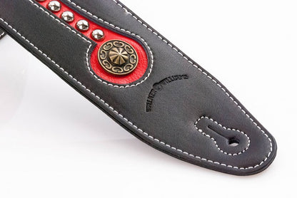 Walker & Williams - LF-312 Black & Red Leather Strap with Chrome and Brass Studs & Top Grain Padded Leather Back