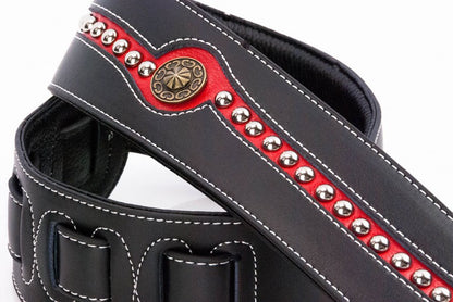 Walker & Williams - LF-312 Black & Red Leather Strap with Chrome and Brass Studs & Top Grain Padded Leather Back