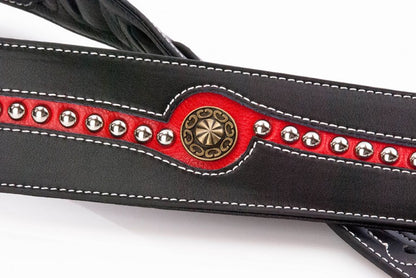 Walker & Williams - LF-312 Black & Red Leather Strap with Chrome and Brass Studs & Top Grain Padded Leather Back