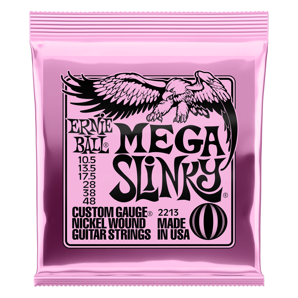 ERNIE BALL MEGA SLINKY 2213 CUSTOM GAUGE NICKEL WOUND GUITAR STRINGS PACKAGE FRONT VIEW ON TRANSPARENT BACKGROUND