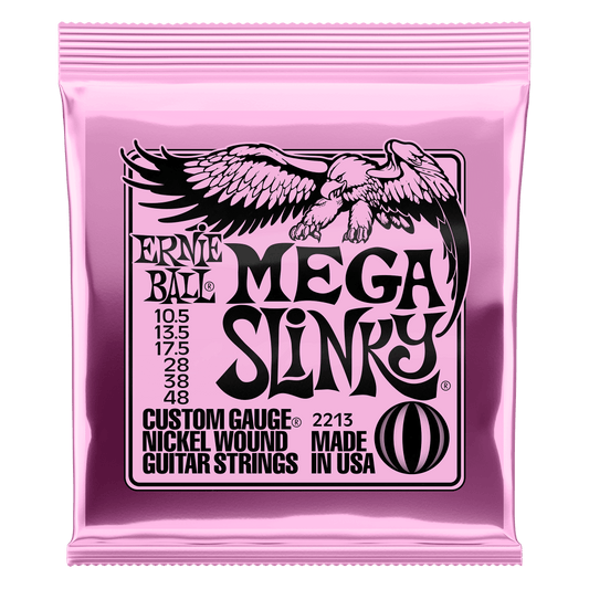 ERNIE BALL MEGA SLINKY 2213 CUSTOM GAUGE NICKEL WOUND GUITAR STRINGS PACKAGE FRONT VIEW ON TRANSPARENT BACKGROUND