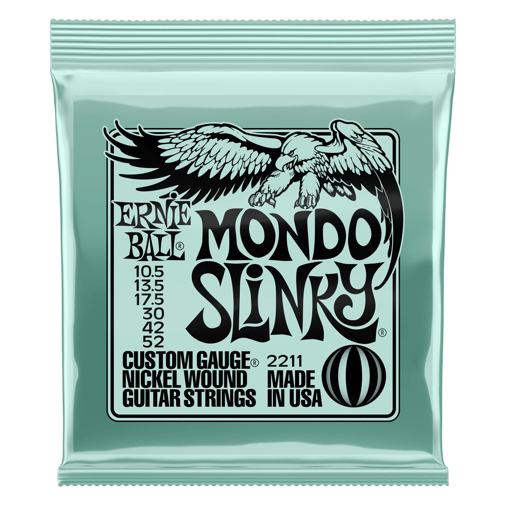 ERNIE BALL MONDO SLINKY CUSTOM GAUGE NICKEL WOUND GUITAR STRINGS 2211 PACKAGE FRONT VIEW ON TRANSPARENT BACKGROUND