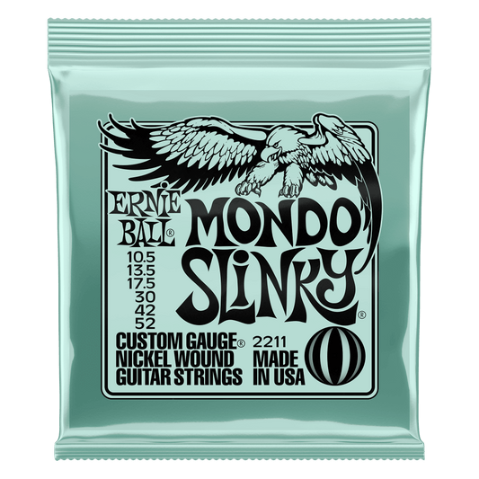 ERNIE BALL MONDO SLINKY CUSTOM GAUGE NICKEL WOUND GUITAR STRINGS 2211 PACKAGE FRONT VIEW ON TRANSPARENT BACKGROUND