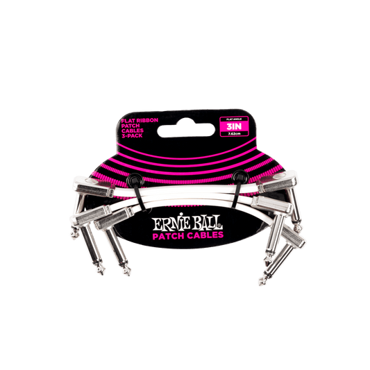 ERNIE BALL FLAT RIBBON PATCH CABLE 3 PACK WHITE ANGLED