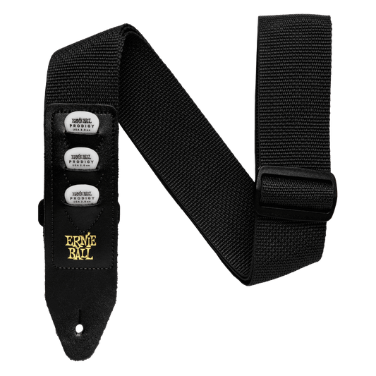 ERNIE BALL GUITAR STRAP WITH 3 PICK HOLDER FRONT VIEW ON TRANSPARENT BACKGROUND