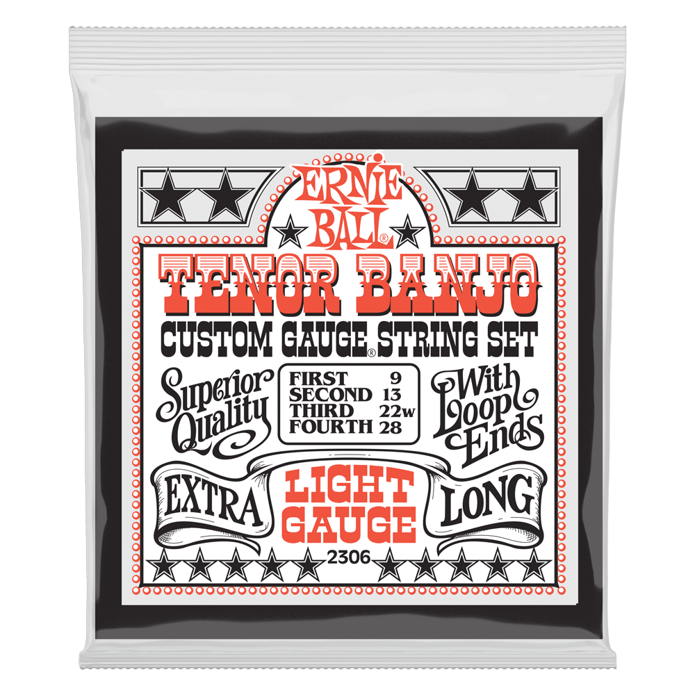 ERNIE BALL TENOR BANJO STRINGS 2306 LIGHT GAUGE EXTRA LONG PACKAGE ON TRANSPARENT BACKGROUND