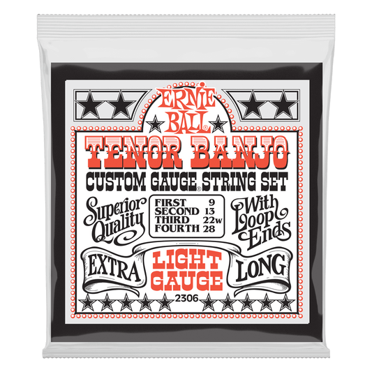 ERNIE BALL TENOR BANJO STRINGS 2306 LIGHT GAUGE EXTRA LONG PACKAGE ON TRANSPARENT BACKGROUND