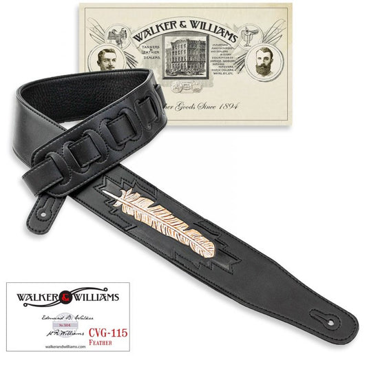 Walker & Williams - CVG-115 Black Leather Strap Hand Carved Feather Design